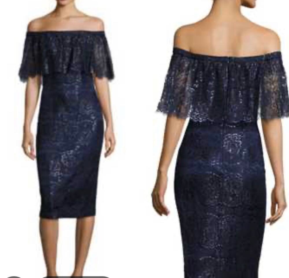 Theia Womens Lace Off The Shoulder Ruffle Knee Length Sheath Dress Blue Sz 8